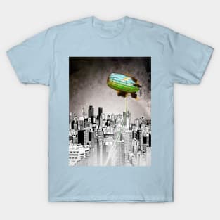 A Message green daisy blimp hovers over a cold gray city T-Shirt